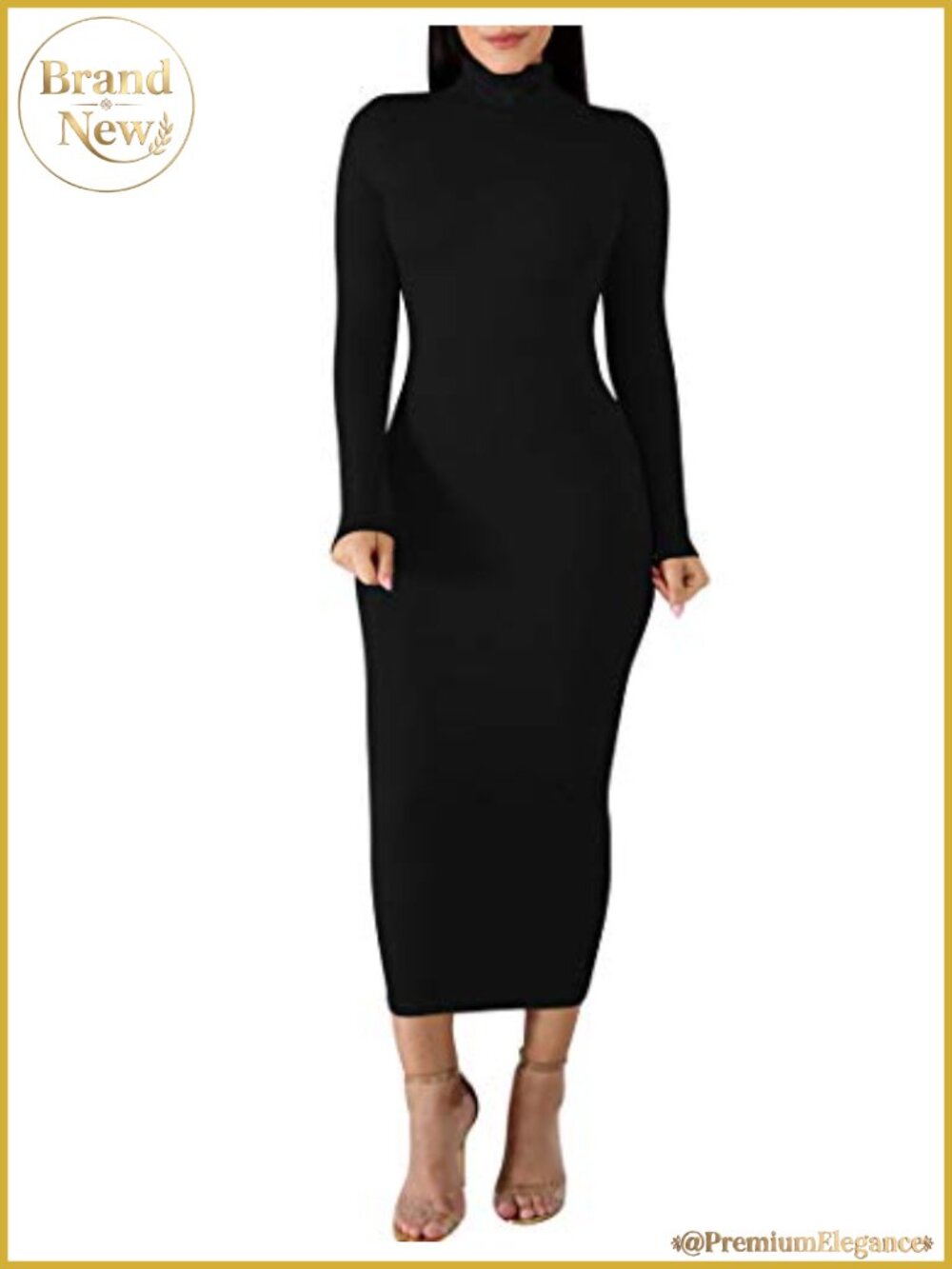 Turtleneck Long Sleeve Bodycon Midi Dress High Neck Fitted